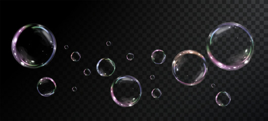 Bubble PNG. Set of realistic soap bubbles. Bubbles are located on a black background. Vector flying soap bubbles. Water glass bubble realistic png	
