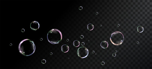 Bubble PNG. Set of realistic soap bubbles. Bubbles are located on a black background. Vector flying soap bubbles. Water glass bubble realistic png	
