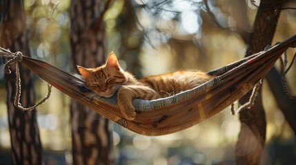 Fototapeta premium Cat Napping Peacefully in Hammock Between Trees with Gentle Breeze Rustling Fur