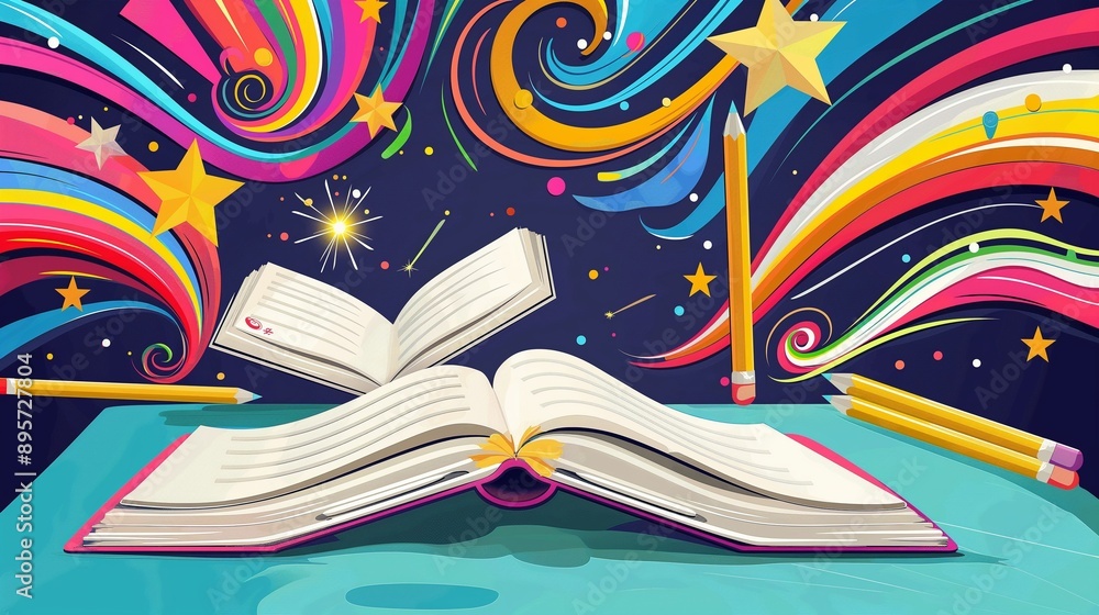 Poster a dynamic and colorful vector concept of a classroom desk with open books, pencils, and artistic ele