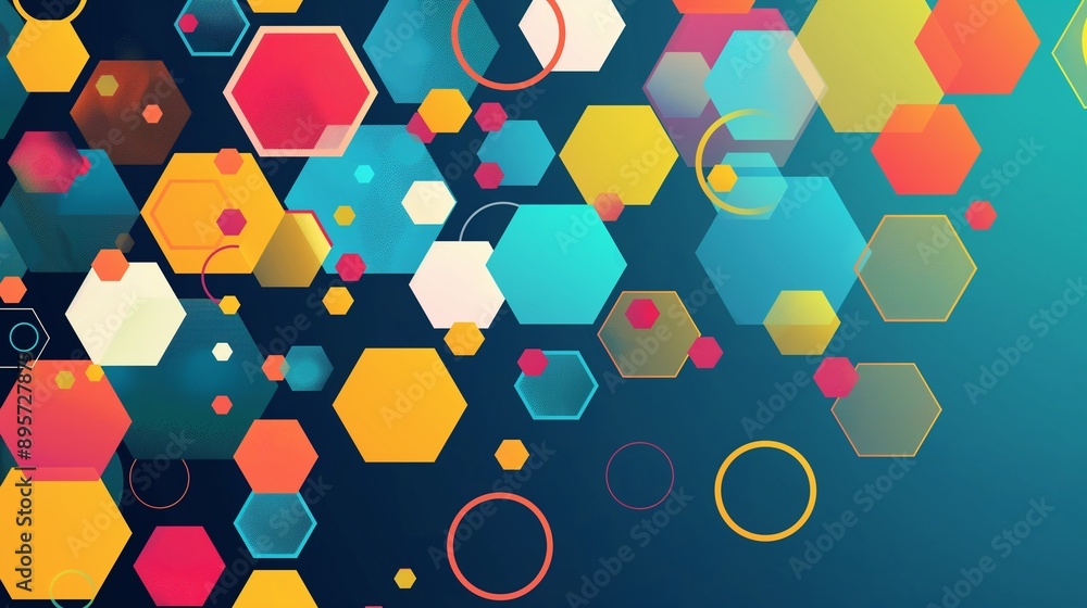 Poster a dynamic geometric summer background featuring colorful hexagons and circles in a bold and vibrant 