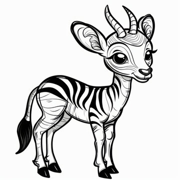 recommend clip art: Black and white cartoon illustration of a cute antelope with big eyes, designed for kids' coloring activities.