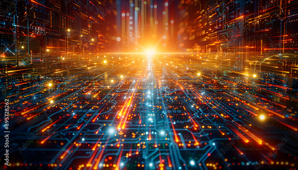Poster intricate circuitry and luminous data streams converging on a central bright horizon