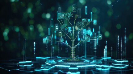 futuristic visualization of budget management as a holographic tree, with each branch representing a different financial division, growing or shrinking based on performance