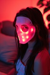A woman using a LED red light therapy mask at home, innovative beauty treatment, modern home setting, Portrait half-body, hyper-realistic, high detail, photorealistic, Key Light, Fill Light