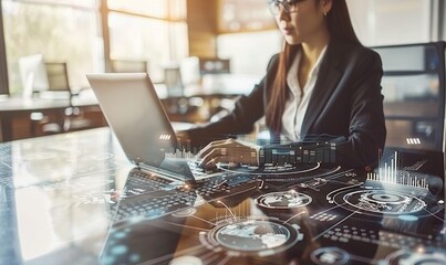 Businesswoman analyzing business data using futuristic virtual reality hologram interface