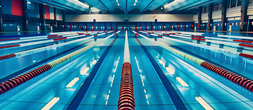 Indoor swimming pool with lane ropes set up for a swim meet in sports arena, with copy space image.