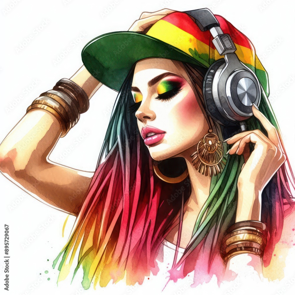 Wall mural female dj woman on international reggae day celebration. ragga jamaican dance music dj raggae