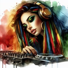 Female DJ woman on International Reggae Day celebration. Ragga Jamaican dance music DJ raggae