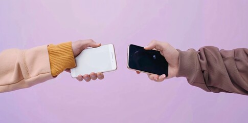 Two individuals are pictured exchanging smartphones, highlighting the modern way of interaction and communication against a purple backdrop.