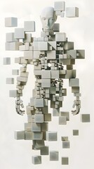 A digital artwork of a human figure composed of floating cubes, creating a fragmented and abstract visual effect. The cubes vary in size and are arranged to form the outline and details of the figure.