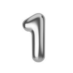 Silver number 1. Foil and latex balloon number One in 3d style. Realistic design elements isolated on white background. Vector illustration