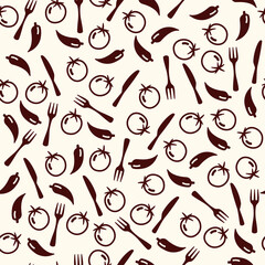 Vector seamless pattern with folks, knifes, tomatoes, hot peppers. Background perfect for restaurant menu, placemat, wrapping, textile, paper, wrapping.