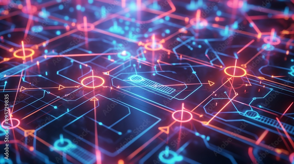 Poster a detailed network illustration with glowing nodes and arrows indicating flow, representing efficien