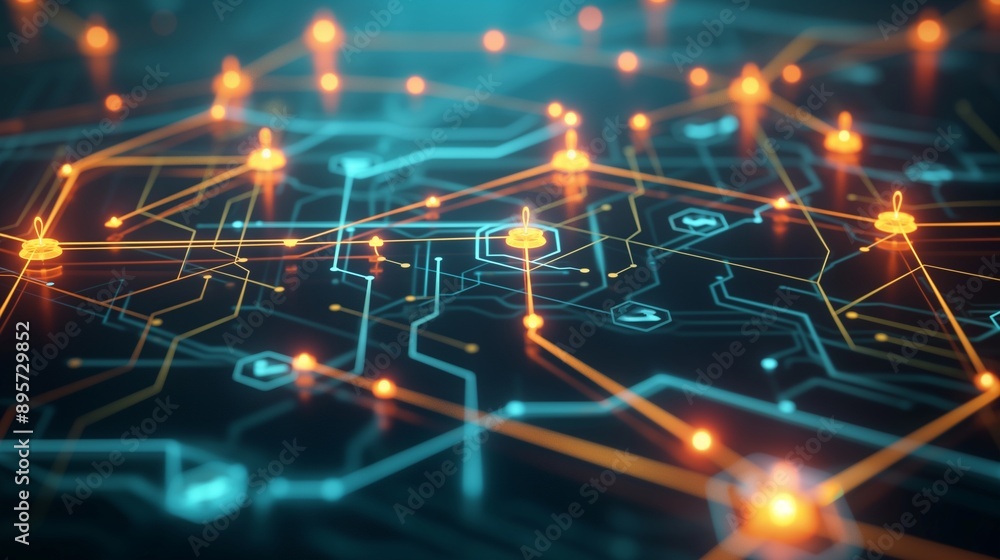 Poster a detailed network illustration with glowing nodes and arrows indicating flow, representing efficien
