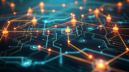 A detailed network illustration with glowing nodes and arrows indicating flow, representing efficient business management and success.