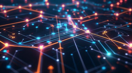 A detailed network illustration with glowing nodes and arrows indicating flow, representing efficient business management and success.