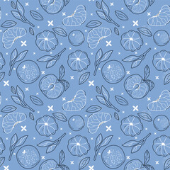Handdrawn citrus and leaves pattern in blue