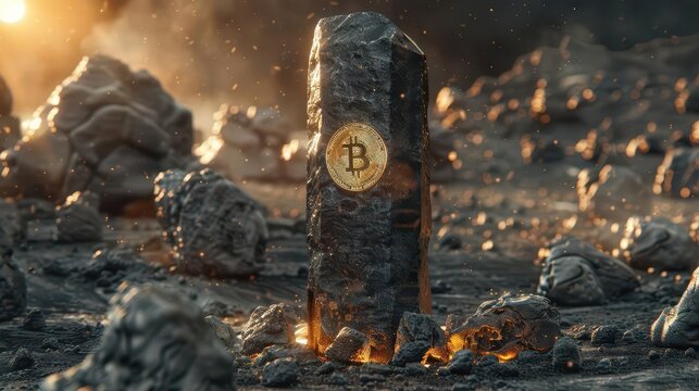 Black monolith with golden cryptocurrency symbols, 2001 space odyssey style,