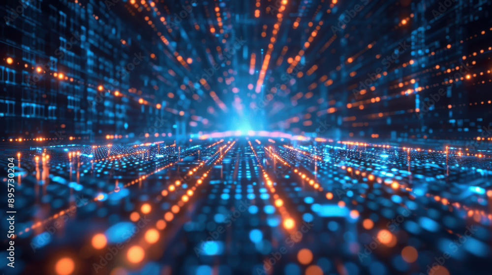 Poster dynamic digital data stream with vibrant blue and orange lights representing high-speed information 