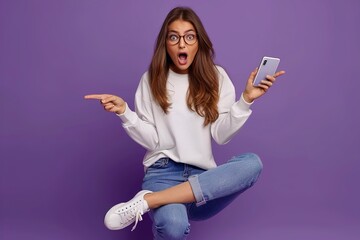 A Full body length photo of young excited nice lady