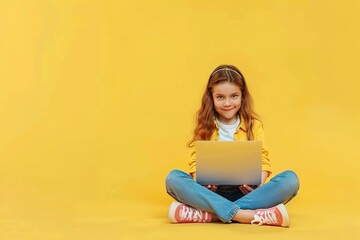A Full body portrait of adorable girl sit crossed