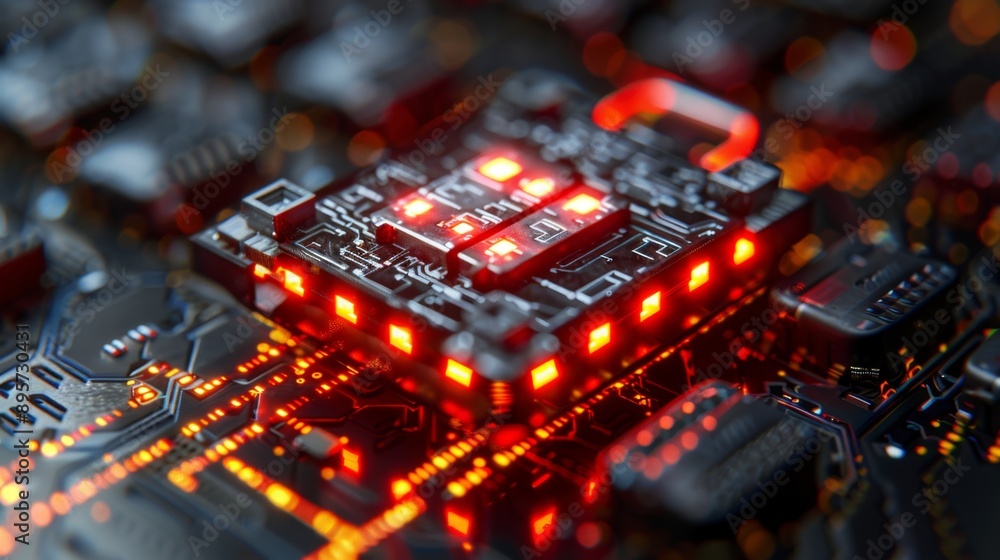 Poster microchip with red lights glowing on circuit board