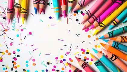 Playful kids party banner with vibrant crayons, pencils, and confetti on a white backdrop.