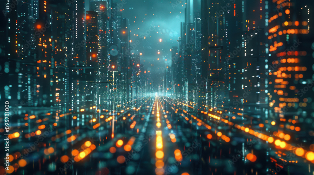 Poster abstract view of a futuristic digital cityscape with glowing lights and towering structures, represe