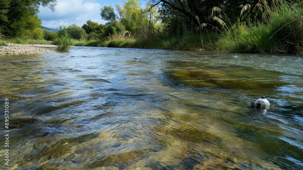 Poster a detailed view of a clean, flowing river with submerged water quality sensors visible, emphasizing 