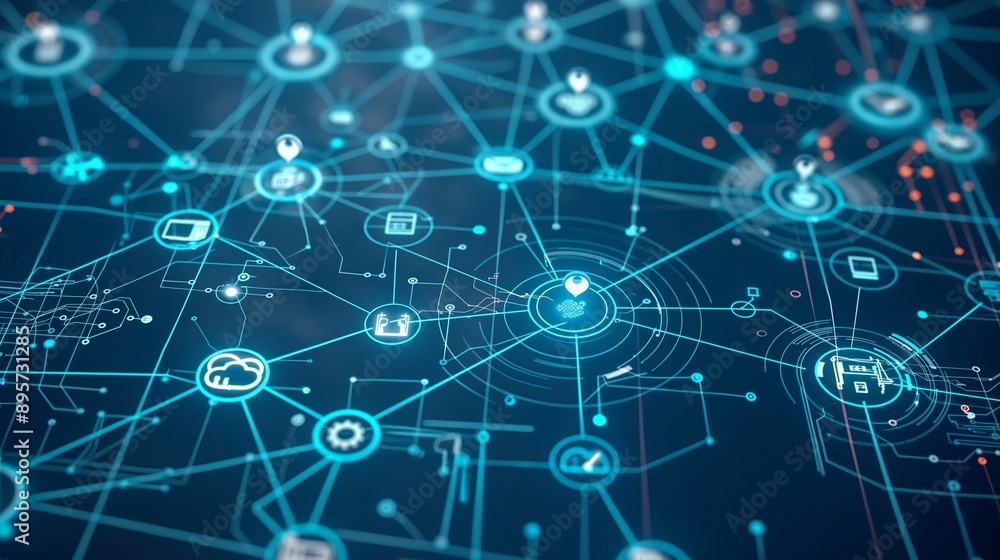 Poster a digital network map with icons representing various business sectors connected by lines, illustrat