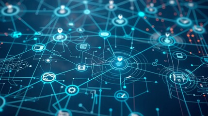 A digital network map with icons representing various business sectors connected by lines, illustrating effective management and business success.