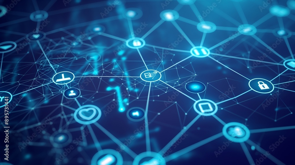Poster a digital network map with icons representing various business sectors connected by lines, illustrat