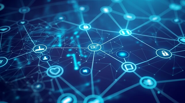 A digital network map with icons representing various business sectors connected by lines, illustrating effective management and business success.