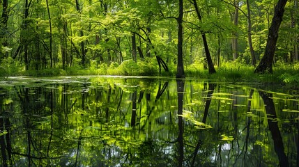 A Photo the tranquil scene of the green forest reflect