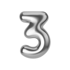 Silver number 3. Foil and latex balloon number three in 3d style. Realistic design elements isolated on white background. Vector illustration
