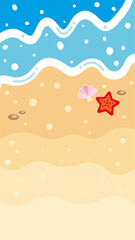 Summer beach background in flat style with waves starfish and seashell. Cute vector landscape. Travel weekend print