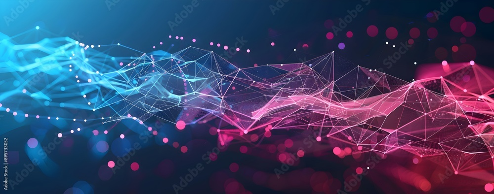 Poster abstract background with polygonal waves and dots, representing a digital network or data transfer c