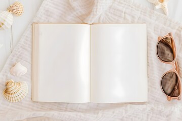 A book is open on a table with a pair of sunglasses and a pile of seashells