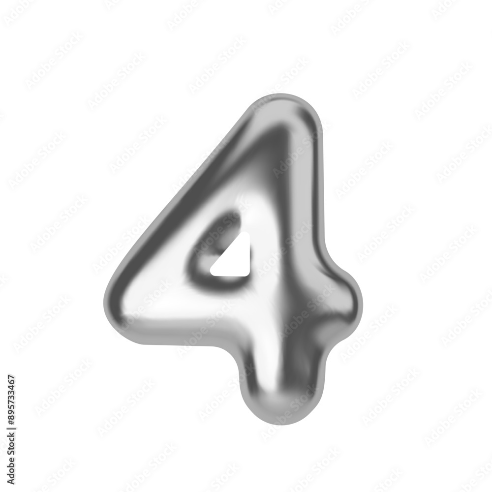 Poster silver number 4. foil and latex balloon number four in 3d style. realistic design elements isolated 