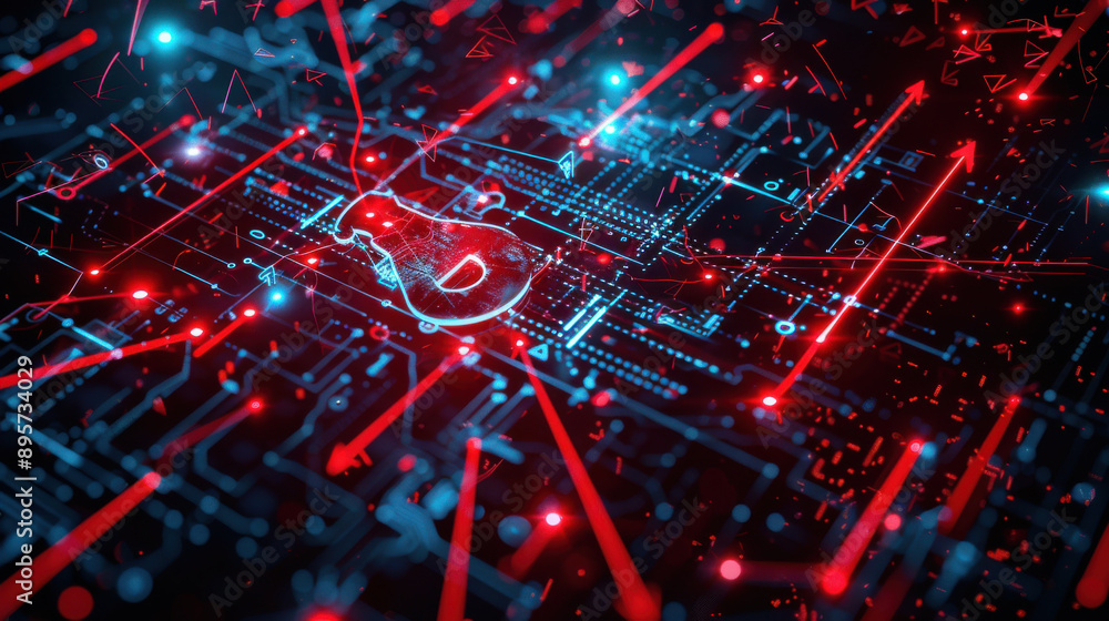 Poster a visual representation of a network under attack, with red arrows penetrating through digital defen