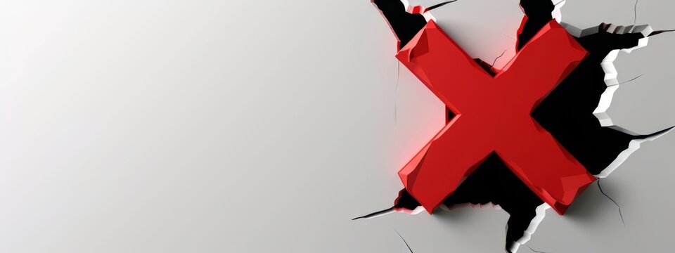 A Red Cross Mark Breaking Through a white Background. Creative X Mark Banner Design with Blank Copyspace for Custom Advertising and Messaging