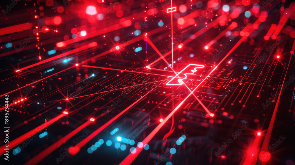 Poster a visual representation of a network under attack, with red arrows penetrating through digital defen