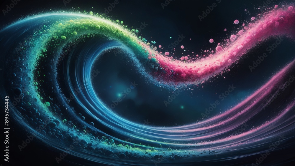 Poster abstract swirling blue and green wave-like patterns with sparkling light effects on a dark backgroun
