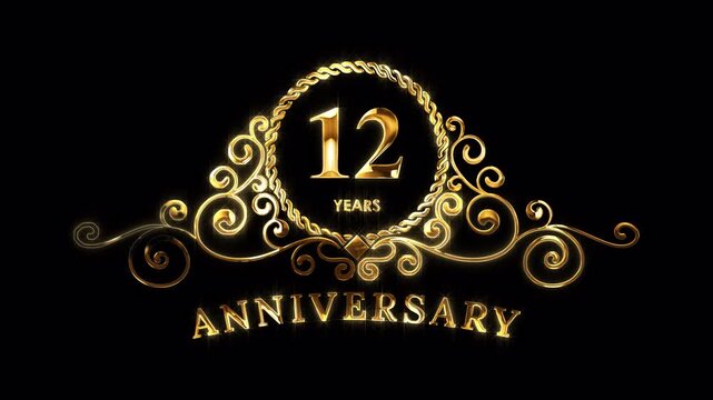 12th Anniversary Celebration. Happy 12 Years Anniversary Animation in Gold Color on the Transparent Background, Alpha Channel. Great for greetings, celebrations, events, and gifts.