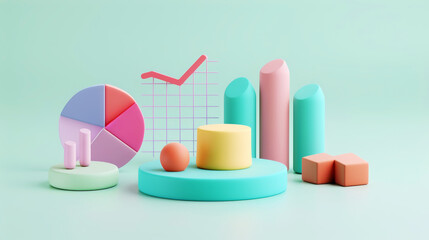 Cartoon digital 3D icon of diagrams and graphics, pastel colors, soft shapes, financial chart template. Generative AI