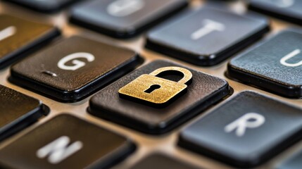 Golden padlock lying on black keyboard key
