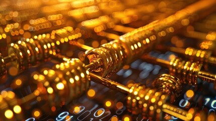 Golden abacus with flowing binary code, ancient meets digital,