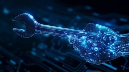 blue digital hand holding wrench spanner with glowing binary code, AI in maintenance management systems, predictive maintenance algorithms, equipment diagnostics, and remote repair assistance