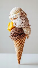 Perfect Ice Cream Cone with Berries and Mango and chocolate
 on White Background"